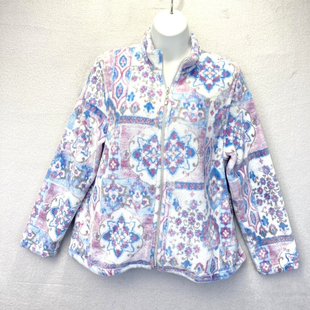 Alfred Dunner Zip Up Fleece Jacket Womens Petite Medium PM Purple Blue Paisley